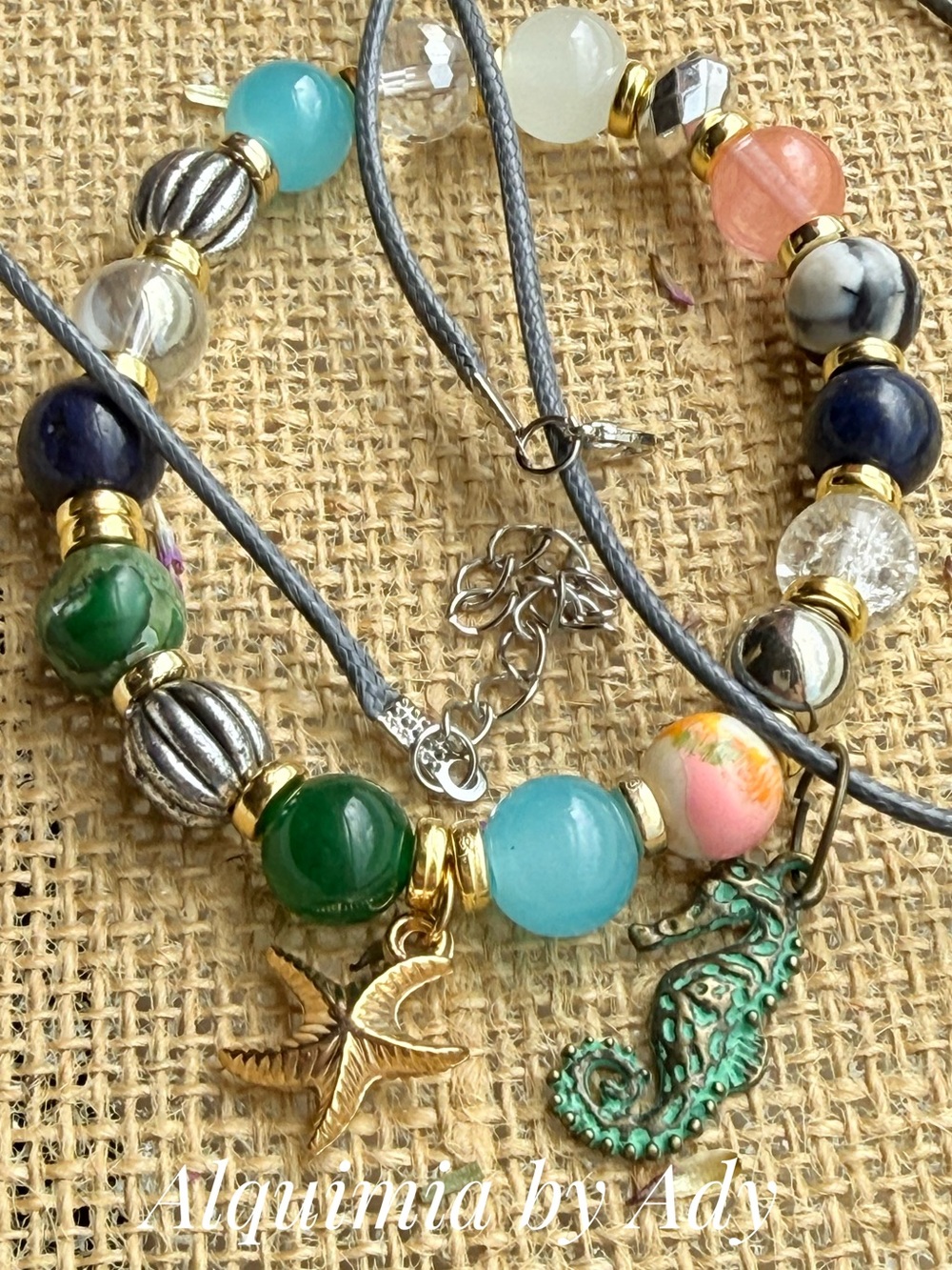 Coastal Multicolor Beaded Bracelet with Seahorse & Starfish cord necklace Charms